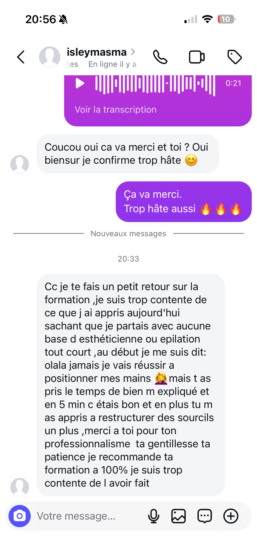 Témoignage d'Isleym décrivant ses nouvelles clientes après la formation au fil