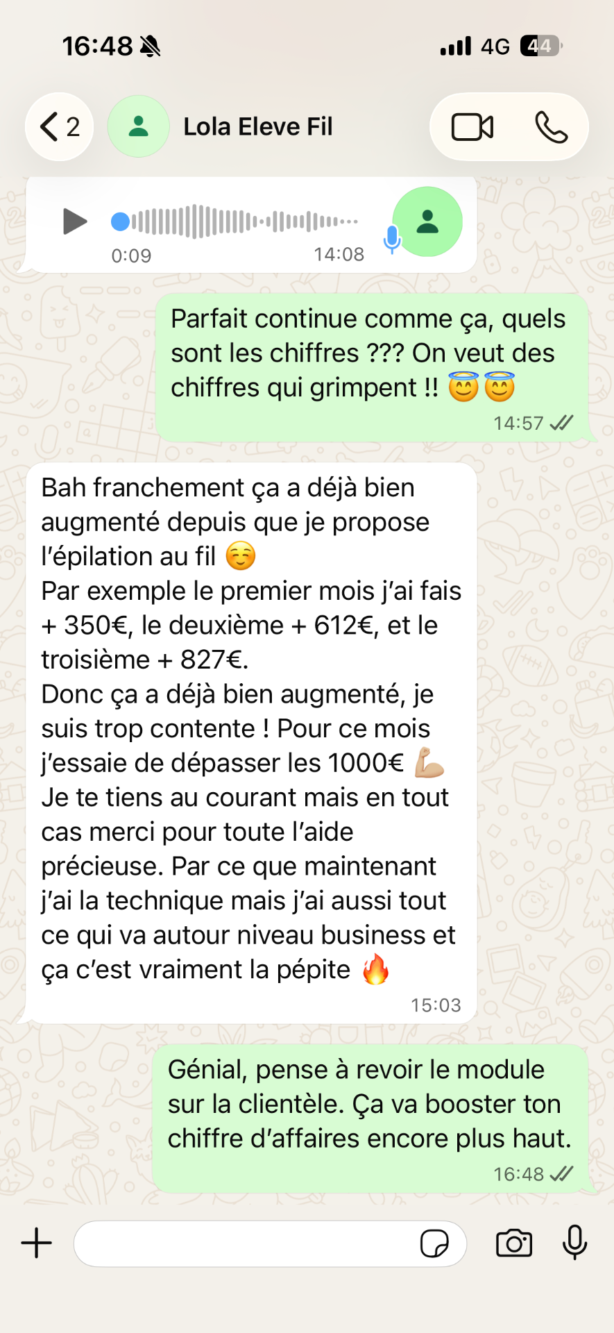 Témoignage de Lola, élève de la formation au fil, partageant ses revenus en hausse