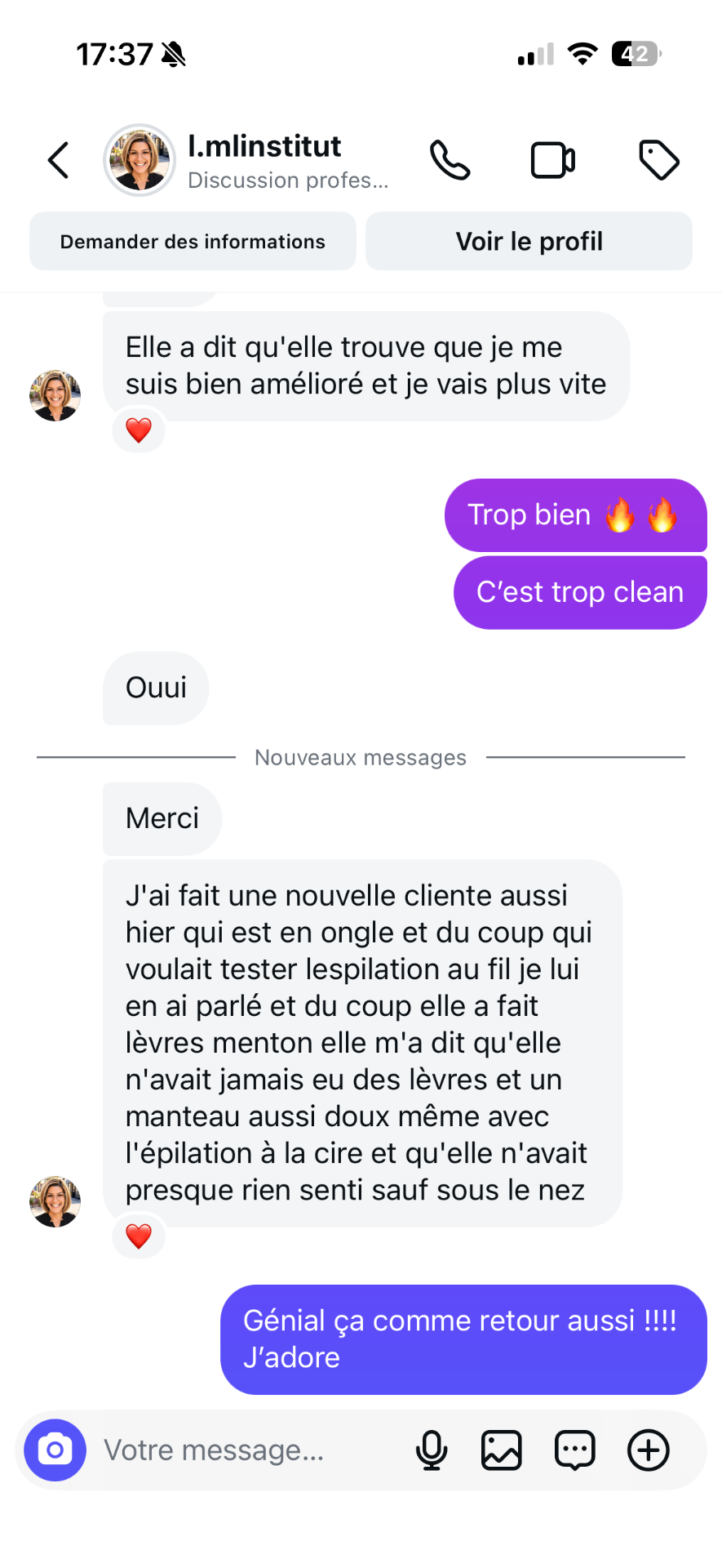 Capture d'écran du message de Laura sur sa progression après la formation Fil