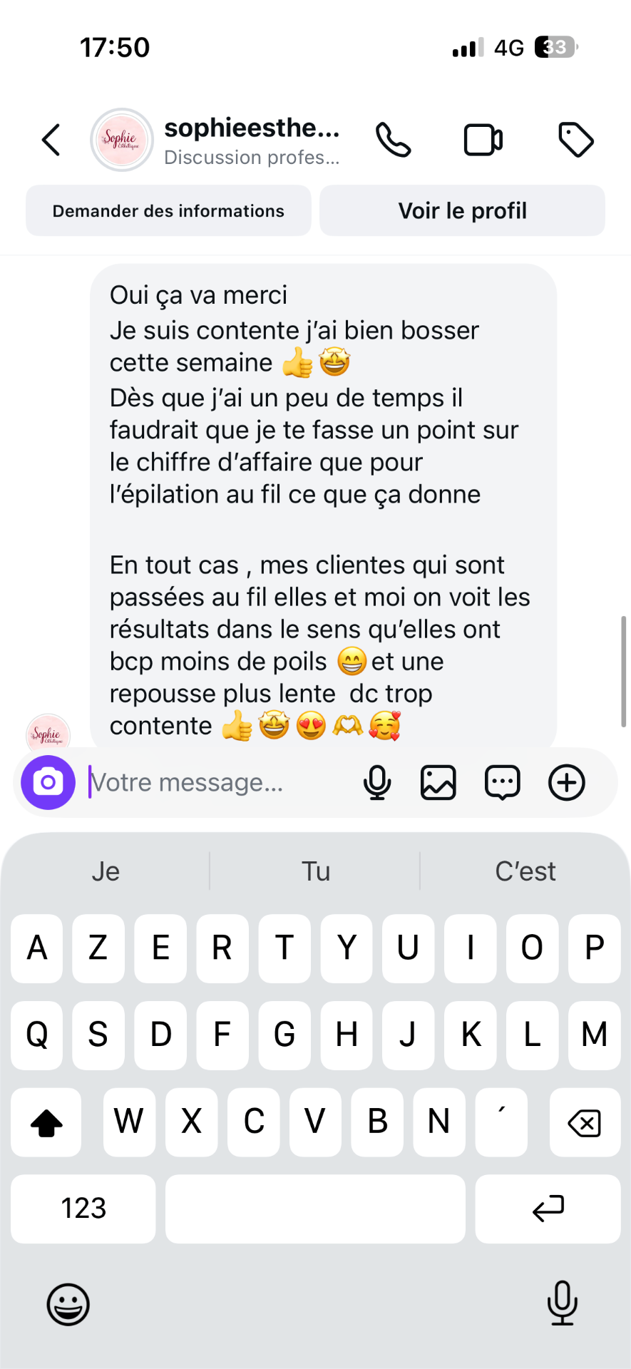 Message de Sophie partageant ses résultats financiers après la formation au fil
